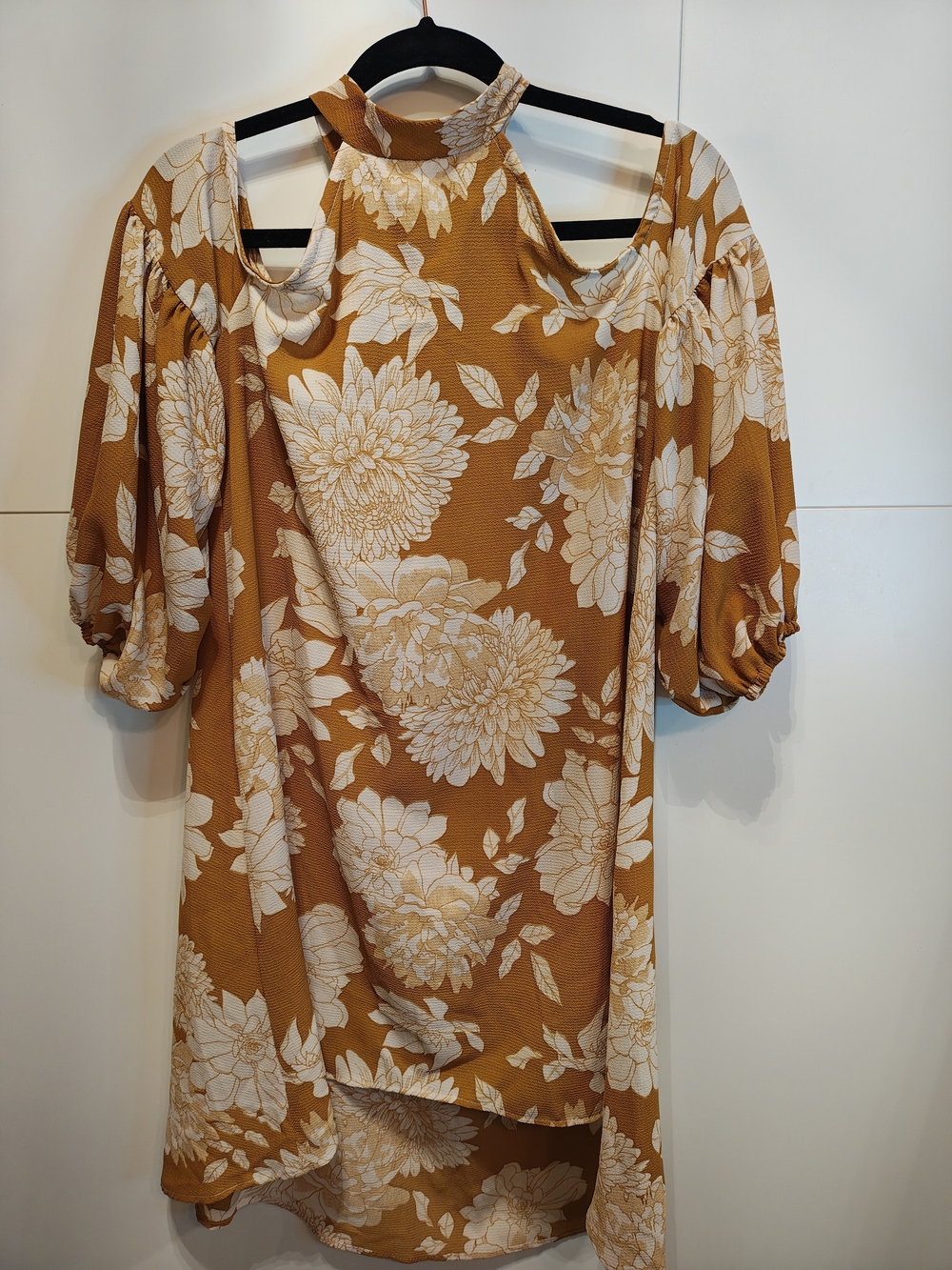 her. clothing rust floral cold shoulder high low dress size s - Picture 7 of 9